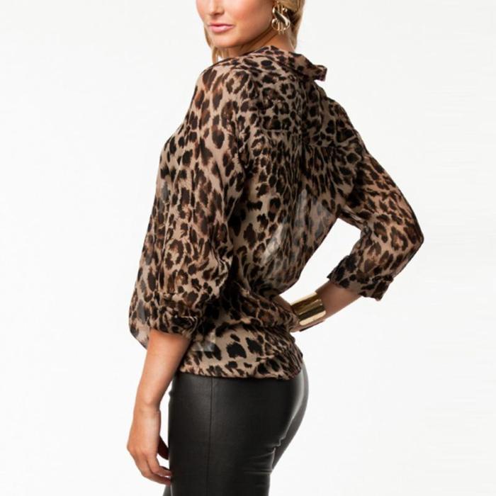 Fashion Leopard Printed 3/4 Sleeve Sexy Blouses