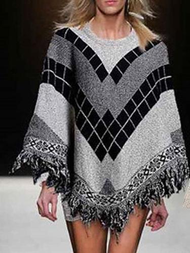 Casual Batwing Crew Neck Knitted Gingham Poncho