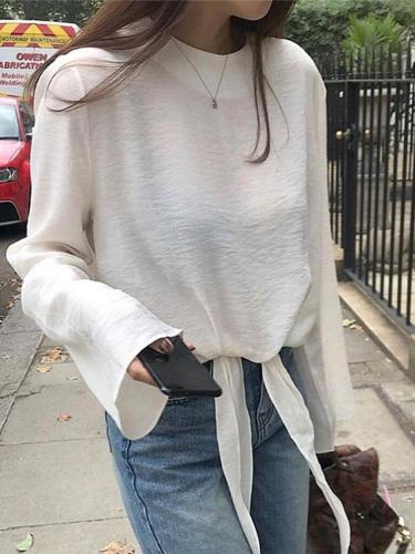 Fashion Pure Colour   Long Sleeve Lace-Up Top