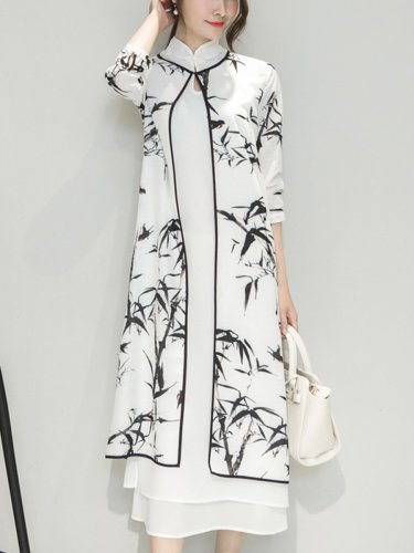 Band Collar Bamboo Printed Side Slit Two-Piece Maxi Dress
