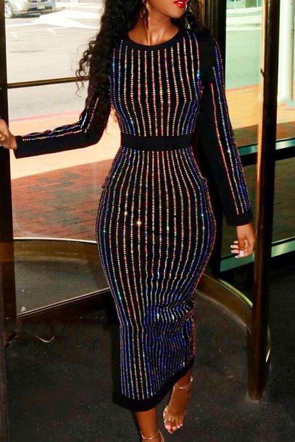 Casual Round Neck Striped Long Sleeve Bodycon Dresses