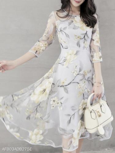 Floral Printed Hollow Out Chiffon Round Neck Skater Dress