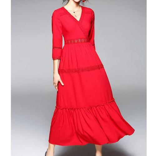 Ladies New V-Neck Splicing Slim Long Maxi Dress