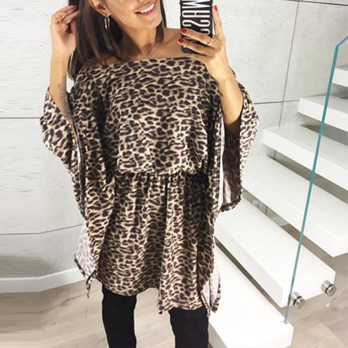 Sexy Off Shoulder Leopard Printed Flare Sleeve Casual Dress