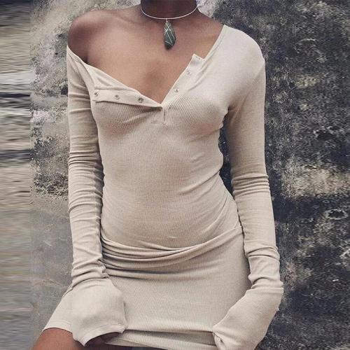 Sexy Button Neck Long Sleeve Plain Bodycon Dress