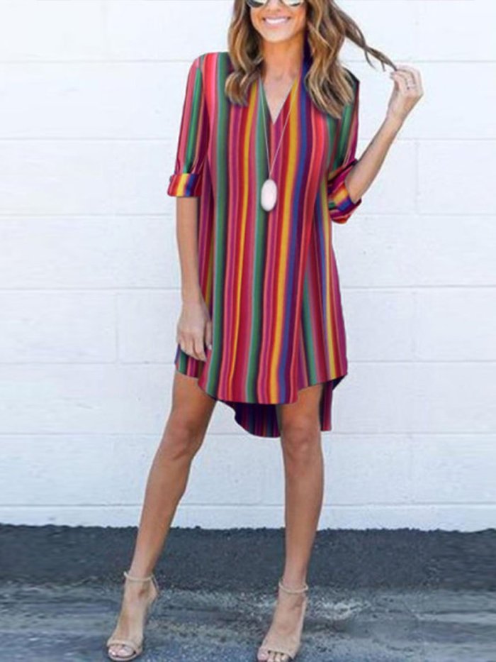 Deep V-Neck  Striped  Roll-Up Sleeve Casual Dresses