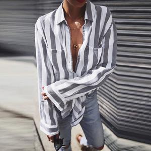 Turn Down Collar Striped Blouses