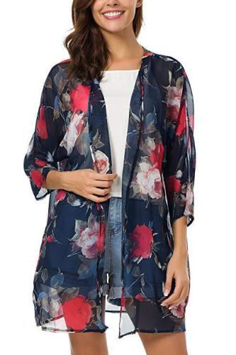 Flower Printed Open Front Cardigan