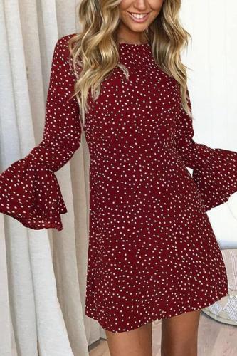 Round Neck  Dot  Bell Sleeve  Long Sleeve Casual Dresses