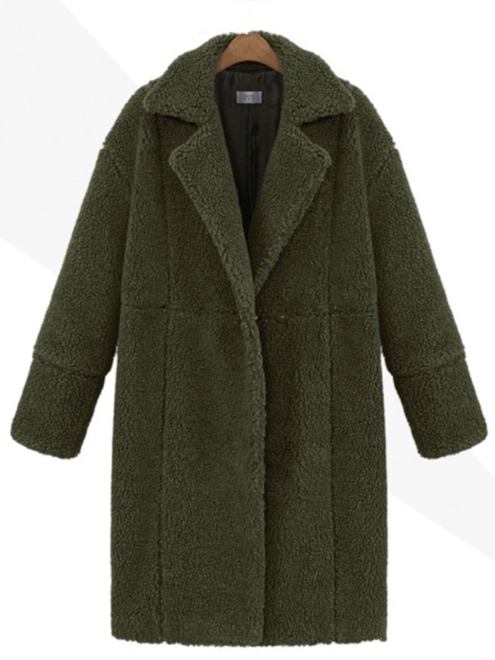Lapel Plain Zips Single Button Longline Woolen Coat