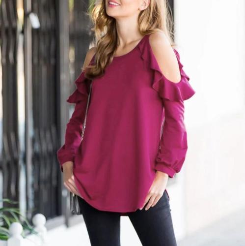 Fashion Pure Colour   Off-Shoulder Ruffled Top