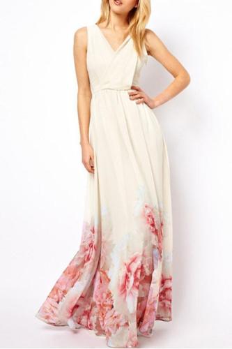 Deep V Neck  Floral Printed  Sleeveless Maxi Dresses