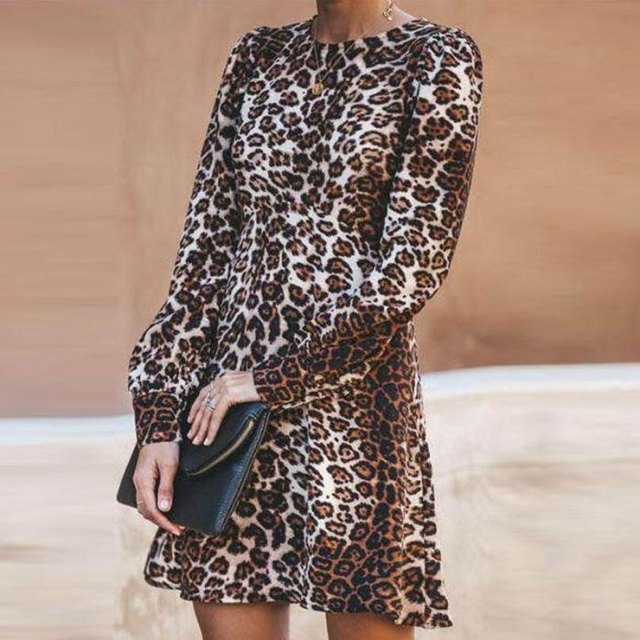 Round Neck  Leopard  Long Sleeve Casual Dresses