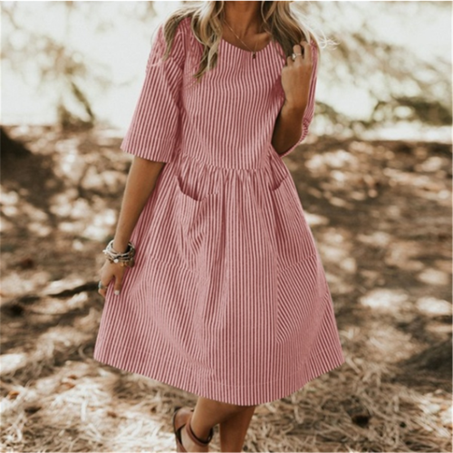 Fashion Striped Solid Color Short Sleeved Casual Dresses