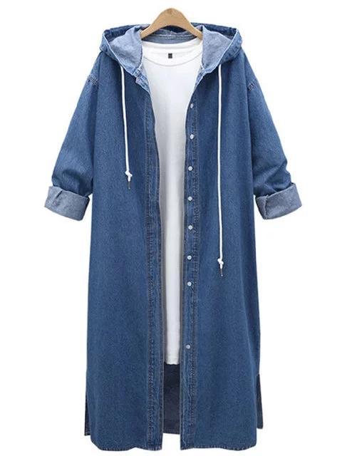 Casual Hoodie Denim Buttoned Shift Solid Coat