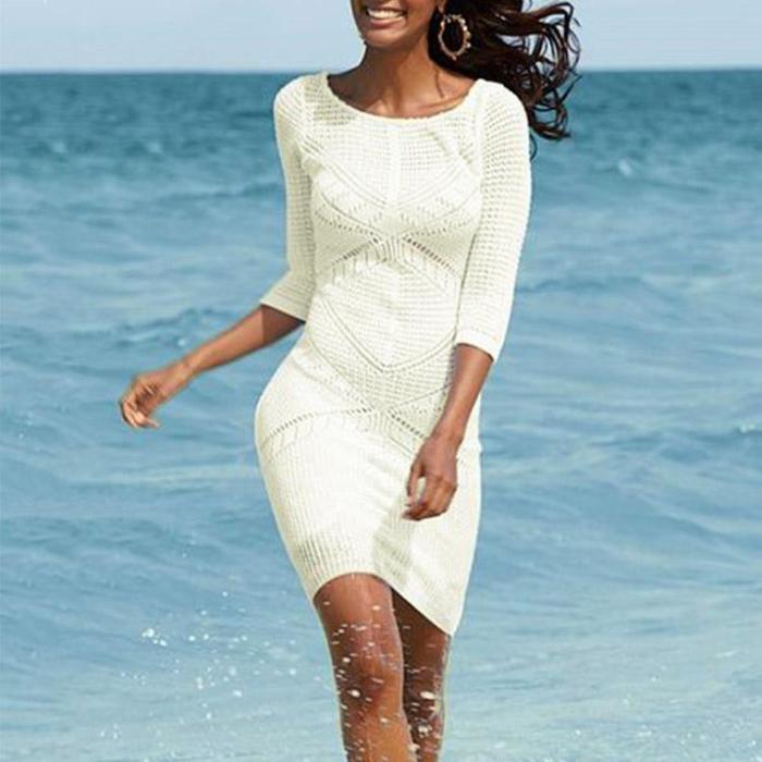 Beige Hollow Out   Crochet Round Neck Sexy Cover Up Dress