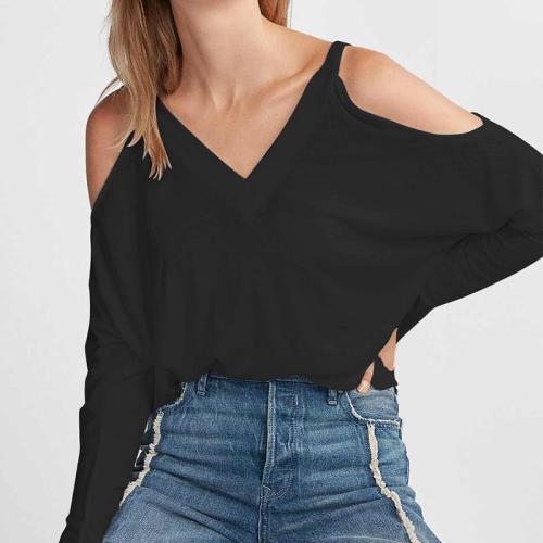 V Neck Hollow Out Long Sleeve Plain T-Shirts
