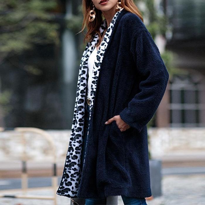 Fashion Leopard Printed Patchwork Long Sleeve Casual Fur Cardigans