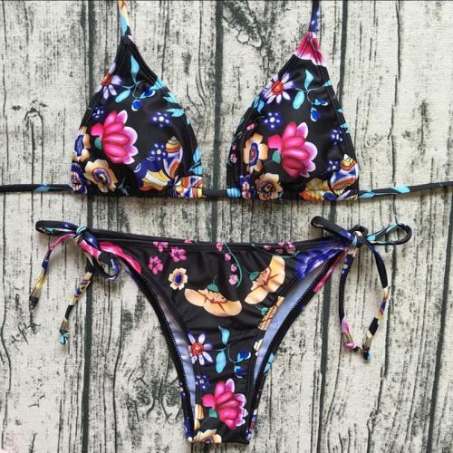Black Floral Print Bikini Swimsuit