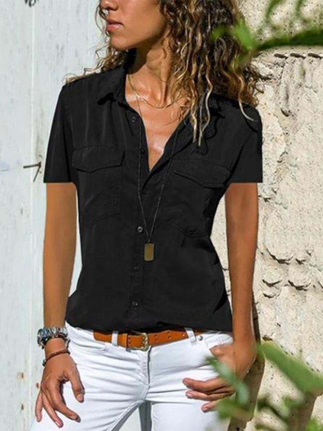 Commuting Turndown Collar Single-Breasted Short Sleeve Patch Pocket Blouse