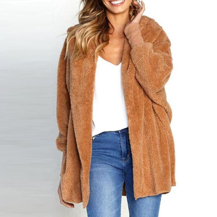 Fashion Casual Long Sleeves Plush Hooded Loose Cardigans