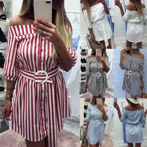 Off-Shoulder Five-Minutes Sleeve Striped Casual Single Breasted Casual Dresses