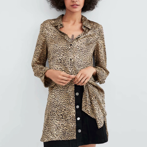 Button Down Collar Leopard Print Long Sleeve Blouses