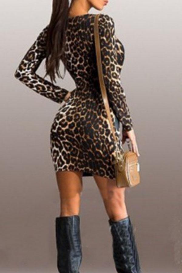 Crew Neck  Color Block Leopard Printed  Long Sleeve Bodycon Dresses
