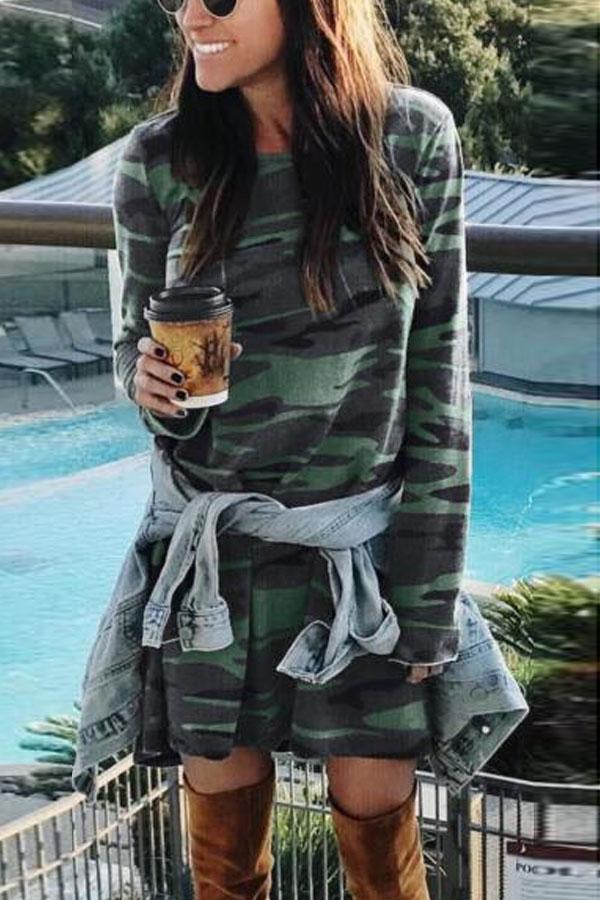 Round Neck  Camouflage  Long Sleeve Casual Dresses