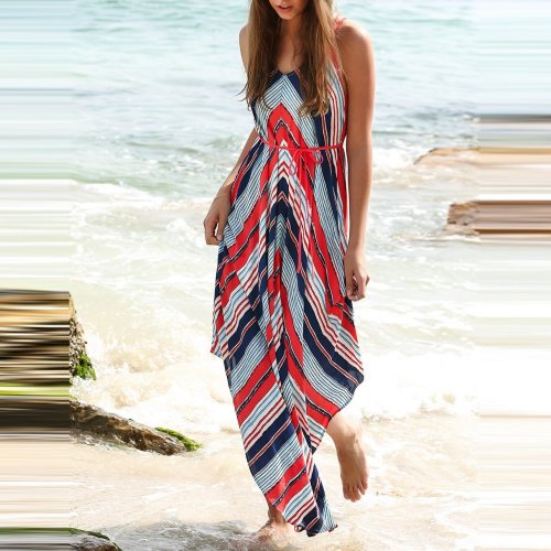 Bohemian Printing Backless Irregular Beach Vacation Dress