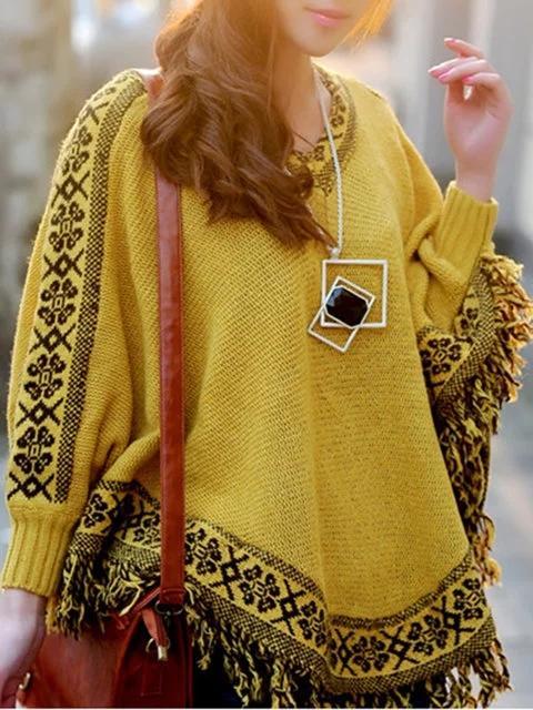 Batwing Fringed Intarsia V neck Tribal Knitted Poncho
