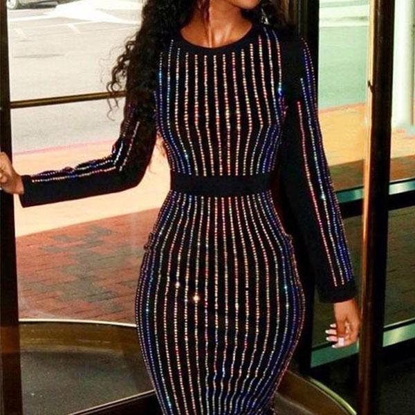 Casual Round Neck Striped Long Sleeve Bodycon Dresses