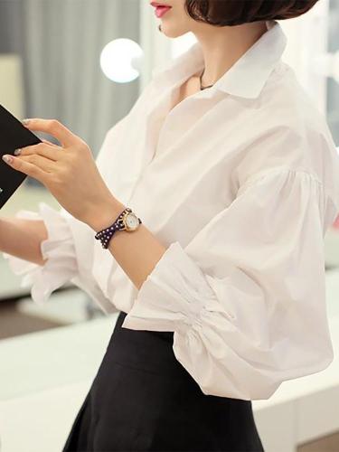 Casual Pure Color Long   Sleeve Shirt With Bubble Sleeves