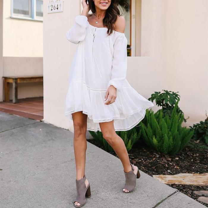 Sexy Off Shoulder Plain Long Sleeve Lace Up Casual Dress
