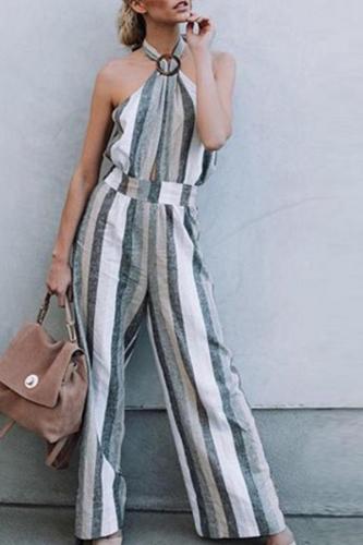 Halter Backless Striped Sleeveless Jumpsuits