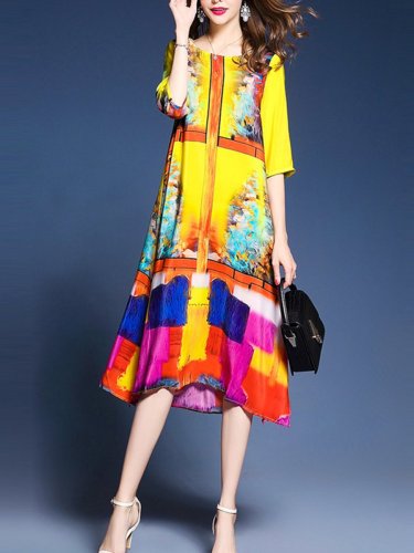 Colorful Round Neck Side Slit Printed Maxi Dress