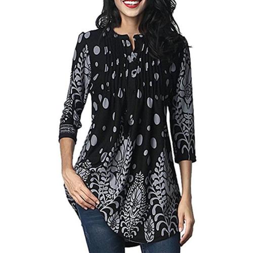 Crew Neck Decorative Buttons Floral Printed Loose Tunic Long Blouses