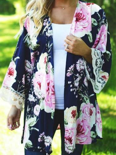 Floral Printed Casual Long Sleeve Loose Sexy Lace Cardigan