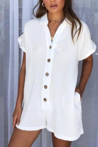 Button Down Collar  Single Breasted  Plain  Short Sleeve  Playsuits