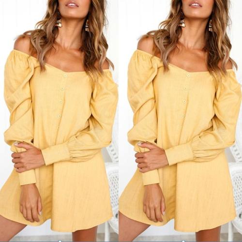 Off Shoulder  Single Breasted  Plain  Long Sleeve Casual Dresses
