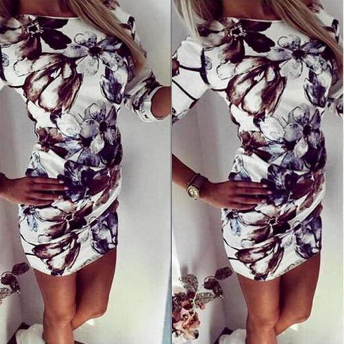 Printed Round Neck Long Sleeve Bodycon Dresses