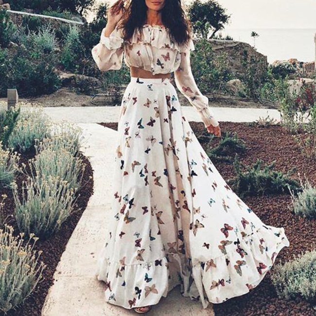 Sexy Off Shoulder Butterflies Floral Printed Maxi Dress