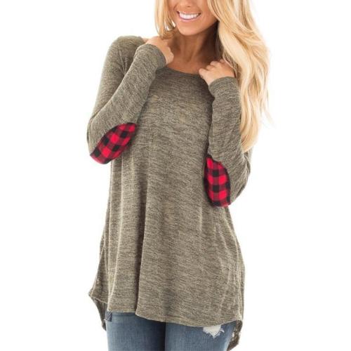 Round Neck Plaids Patchwork Long Sleeve Causal T-Shirts