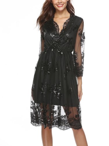 Sexy V Collar Lace Sequins Skater Dress