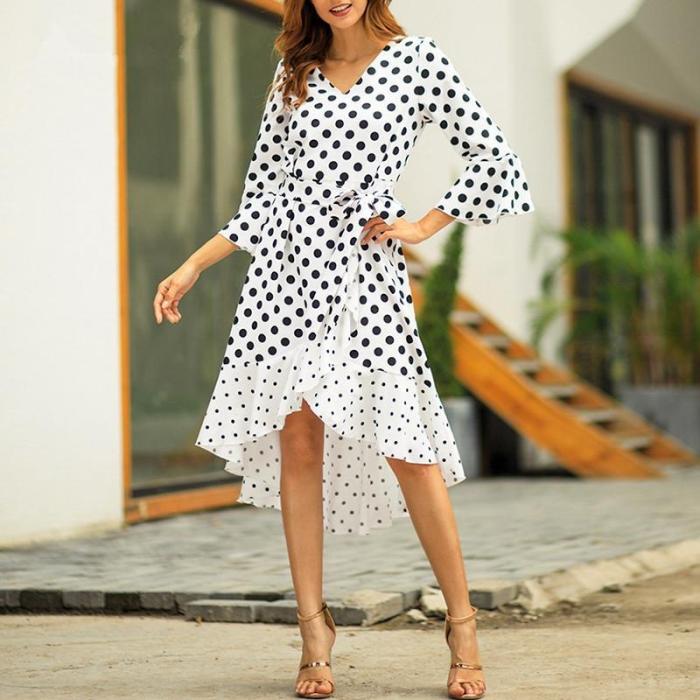 Polka Dots Flare Sleeve Asymmetrical Hem Belt Casual Dress