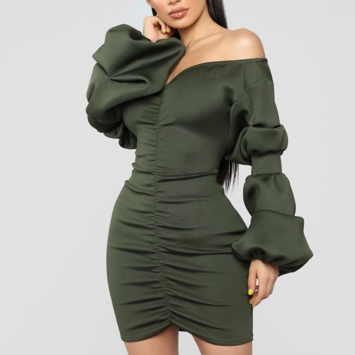 Sexy Puff Sleeve V Neck Off-Shoulder Bodycon Dresses