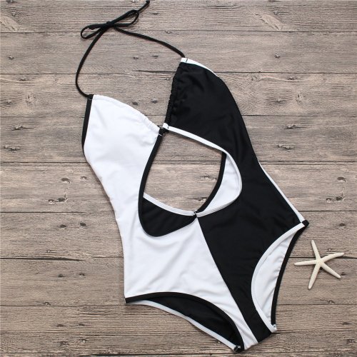 Halter Black/White One-Piece Swimwear