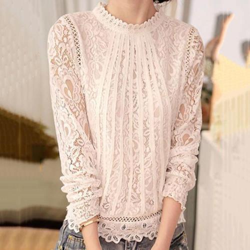High Neck  See-Through  Floral Blouses