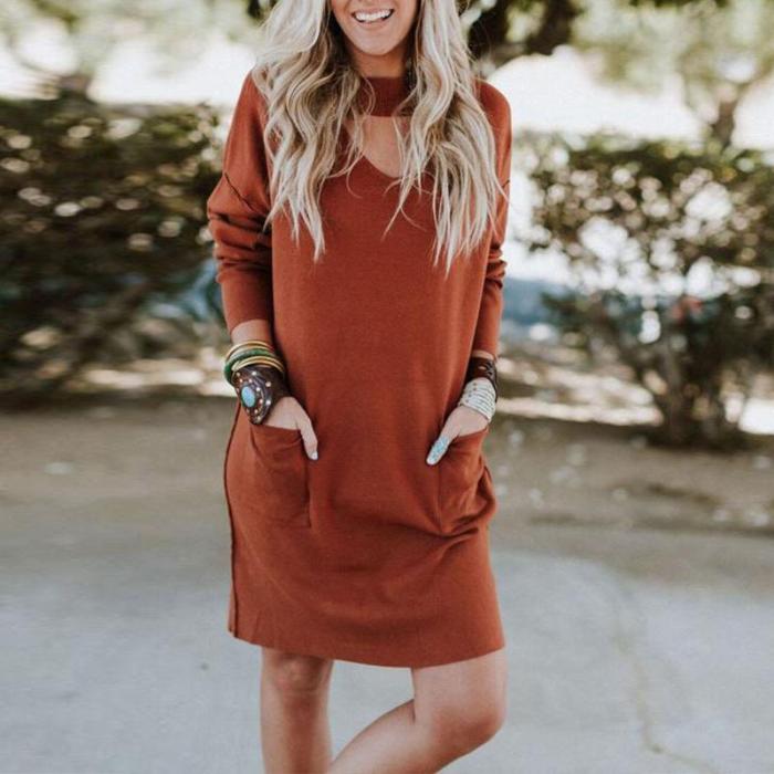 V Neck Hollow Out Long Sleeve Plain Casual Dress