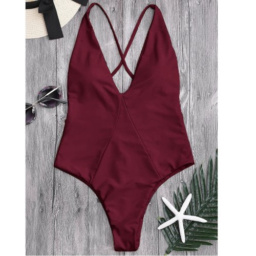 Deep V Collar Solid Color One-Piece Suit